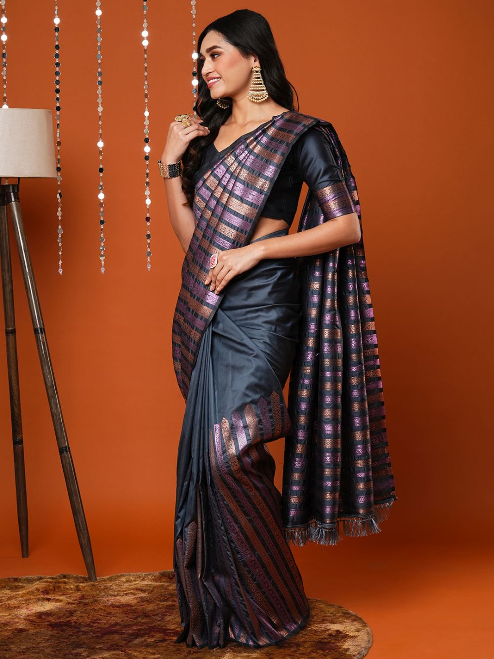 Petra Grey Silk Blend Banarasi Striped One Minute Saree