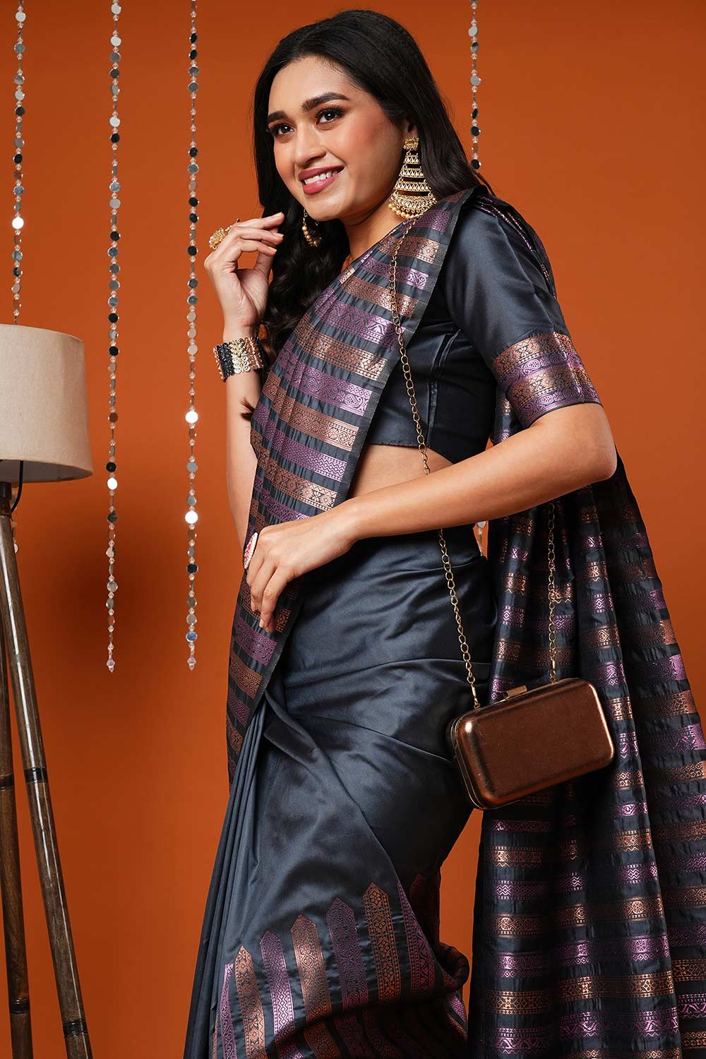 Petra Grey Silk Blend Banarasi Striped One Minute Saree