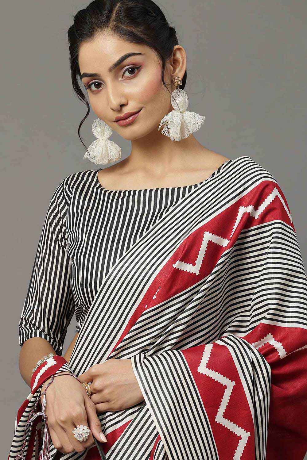 Serena Bhagalpuri Silk Red And Black Printed Designer One Minute Saree