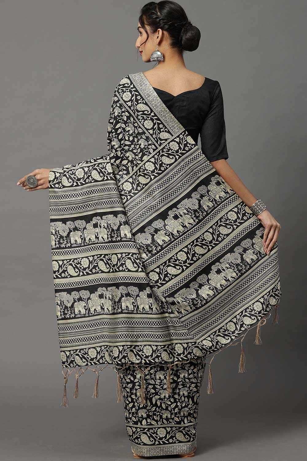 Hema Bhagalpuri Silk Black Printed Designer One Minute Saree