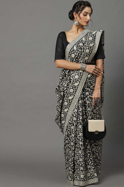 Hema Bhagalpuri Silk Black Printed Designer One Minute Saree