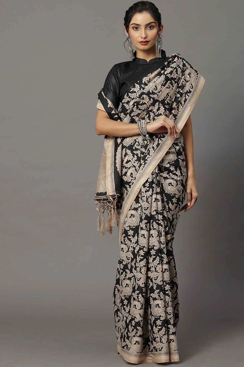 Zoya Bhagalpuri Silk Black Printed Designer One Minute Saree