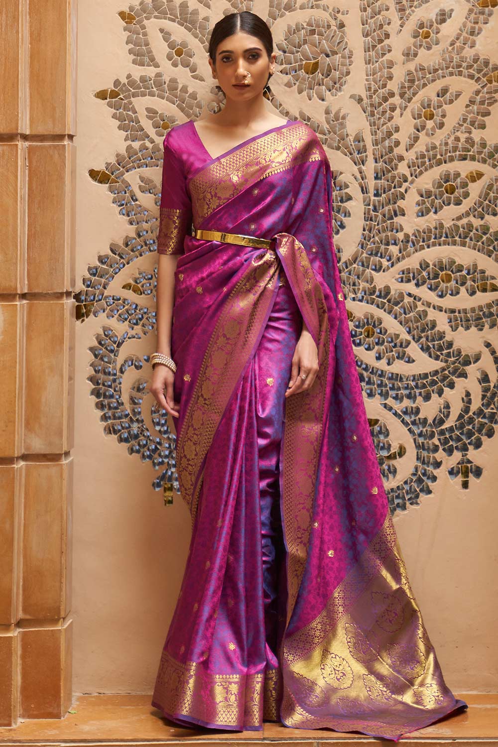 Ana Purple Silk Foil Print Lace One Minute Saree