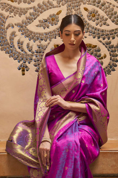 Ana Purple Silk Foil Print Lace One Minute Saree