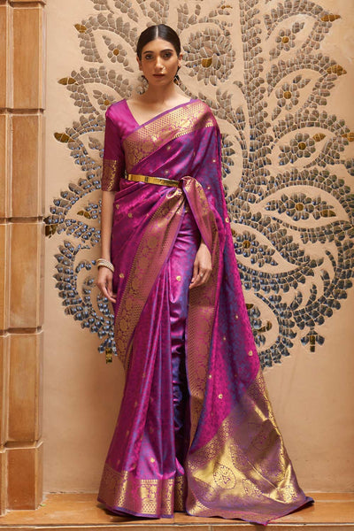 Ana Purple Silk Foil Print Lace One Minute Saree