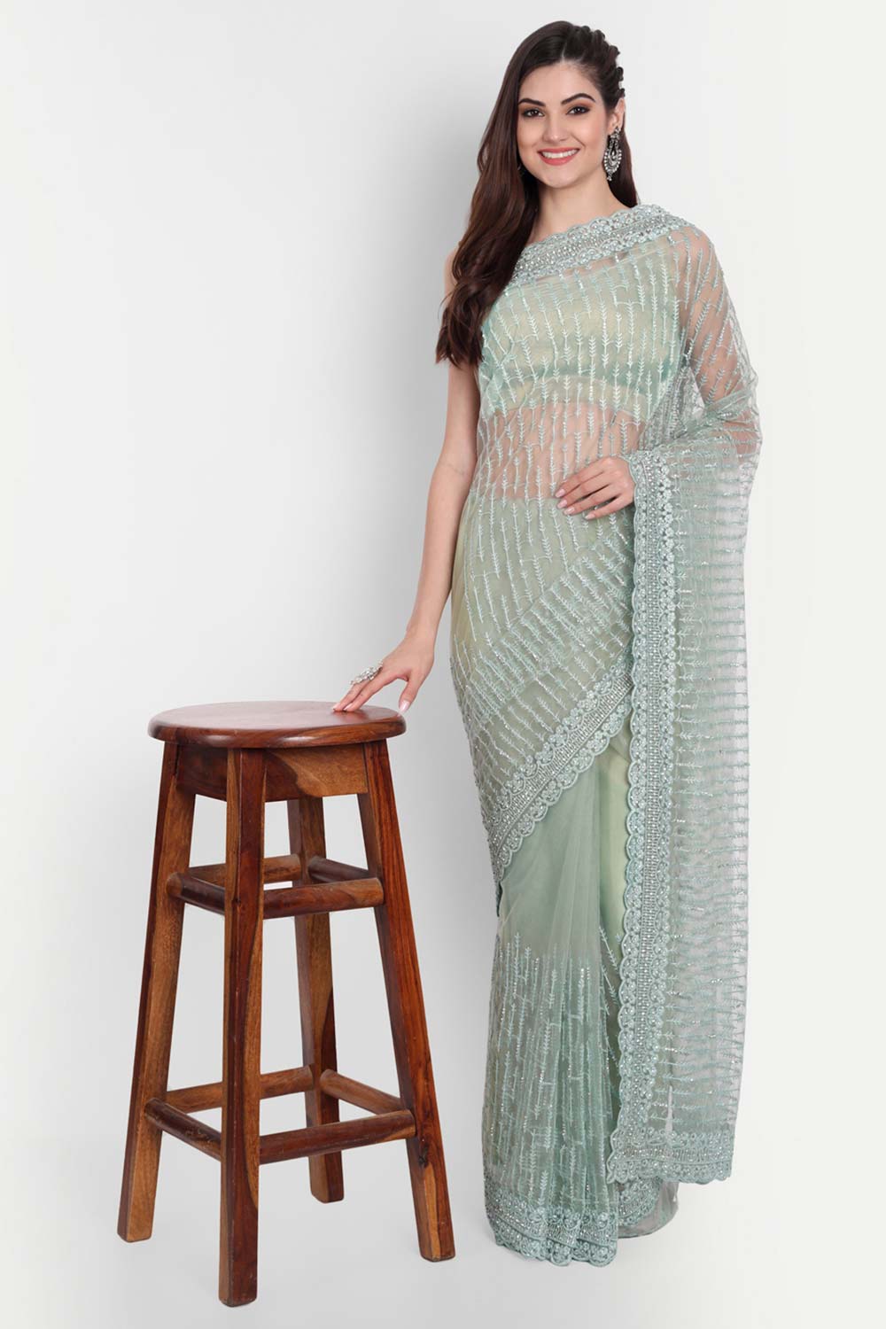 Ziara Green Net Thread Embroidered One Minute Saree