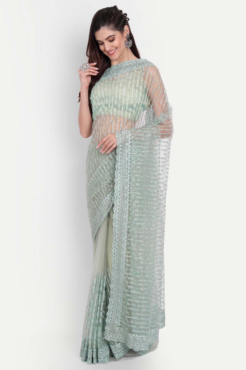 Ziara Green Net Thread Embroidered One Minute Saree