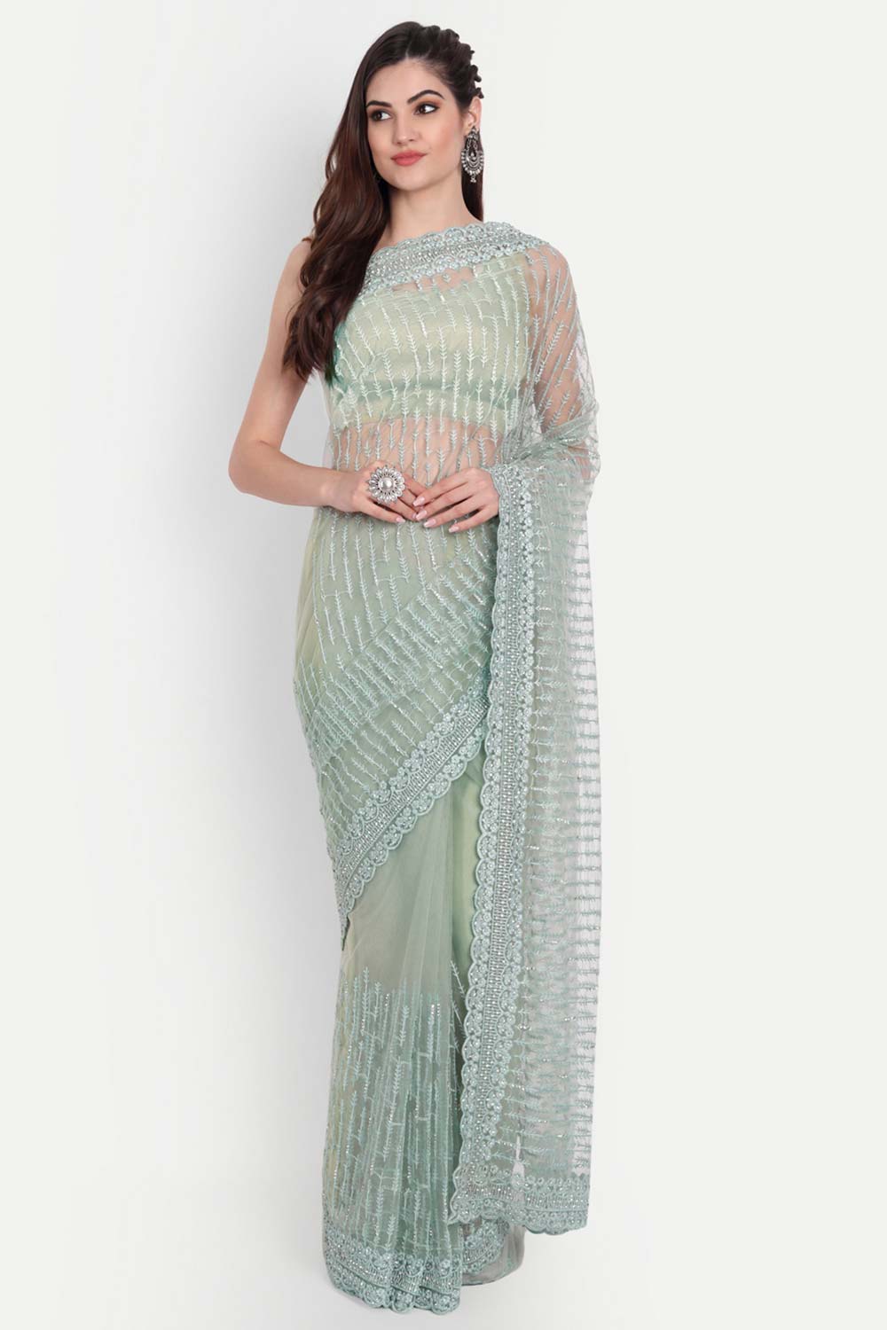 Ziara Green Net Thread Embroidered One Minute Saree