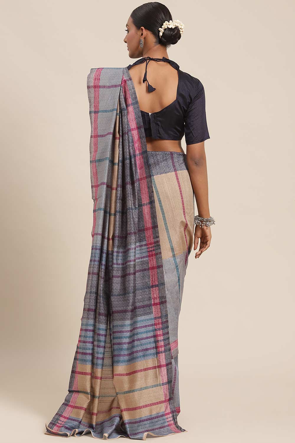 Nora Blue Bhagalpuri Silk Striped Printed Taant One Minute Saree