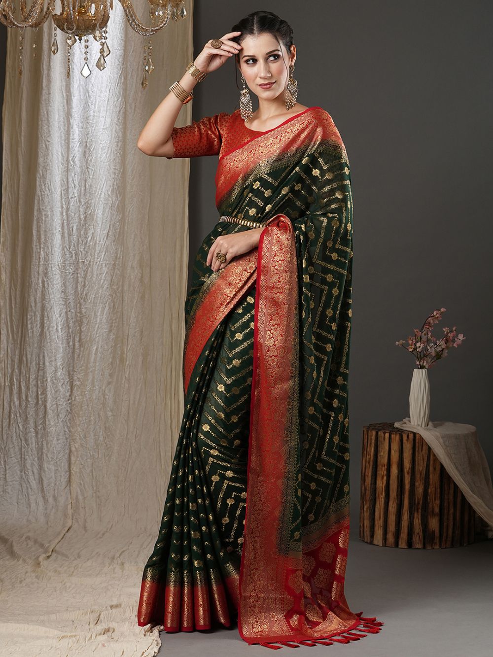 Prachi Dark Green & Red Georgette Kanjivaram One Minute Saree