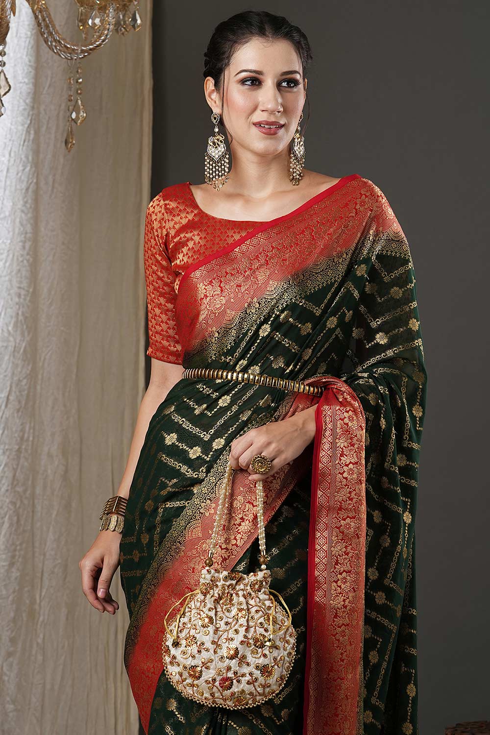 Prachi Dark Green & Red Georgette Kanjivaram One Minute Saree