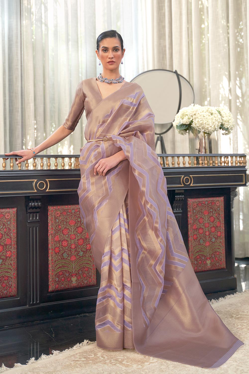 Silia Lavender Organza Lace One Minute Saree