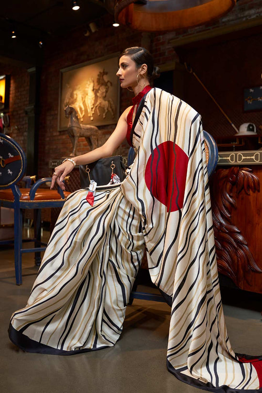 Esha White Satin Printed One Minute Saree