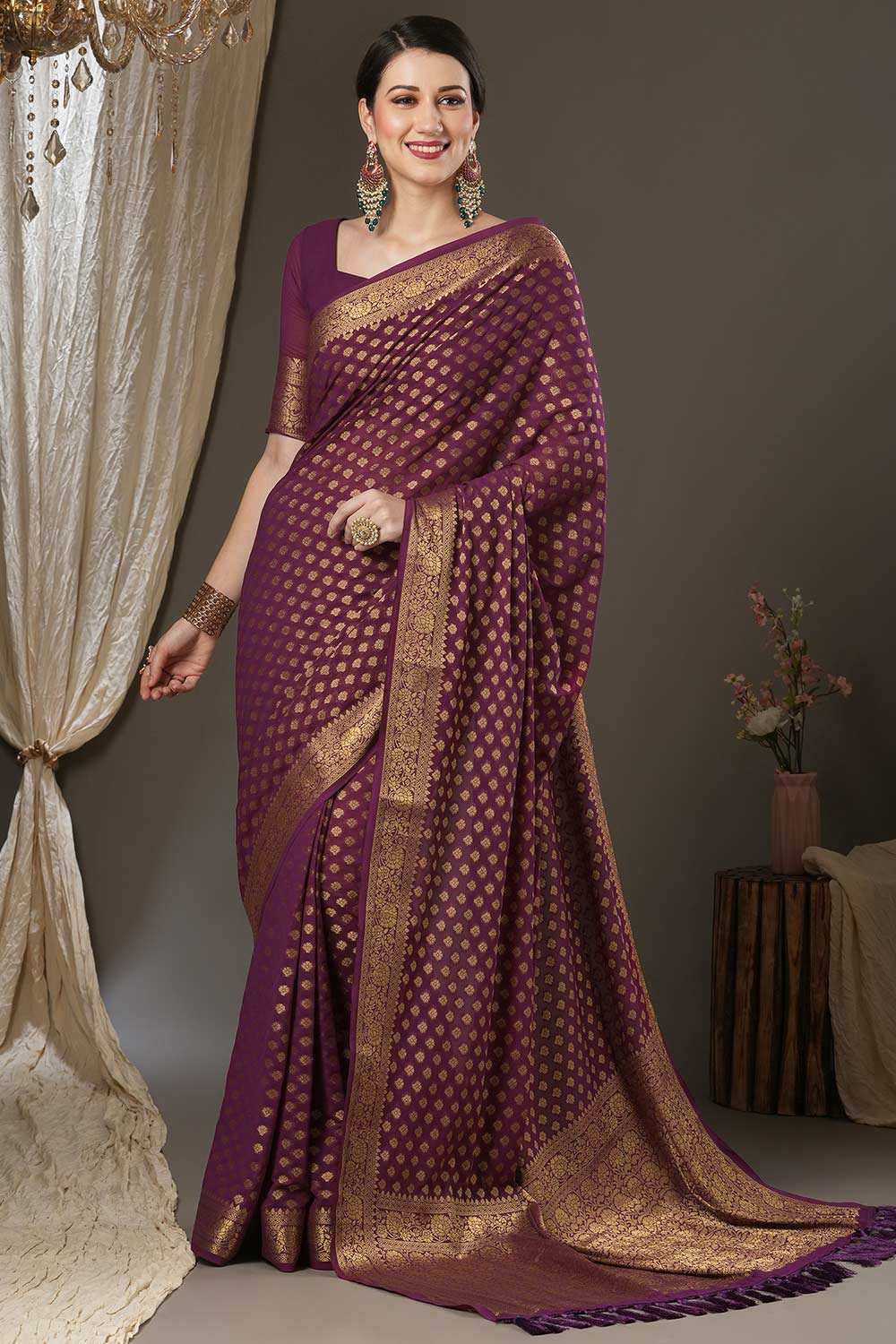 Rona Brown Georgette Kanjivaram One Minute Saree