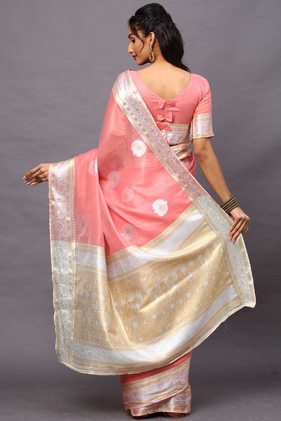 Buy Silk Cotton Banarasi Saree in Pink Online - Back