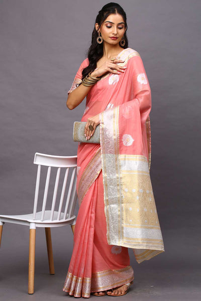 Buy Silk Cotton Banarasi Saree in Pink Online - Zoom In