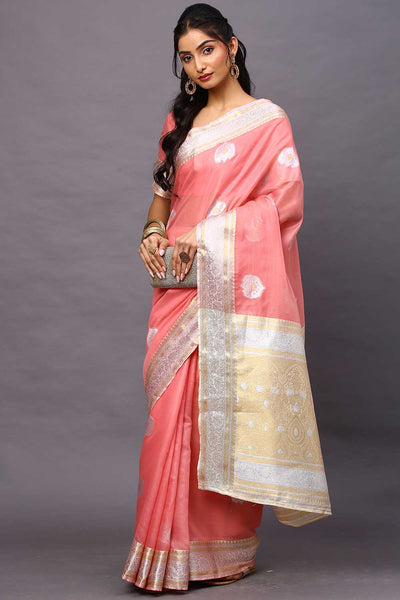 Buy Silk Cotton Banarasi Saree in Pink Online