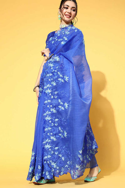 Buy Organza Embroidered Saree in Turquoise Online - Zoom In