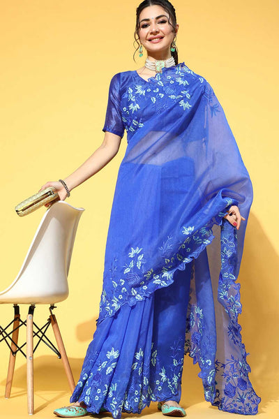 Buy Organza Embroidered Saree in Turquoise Online