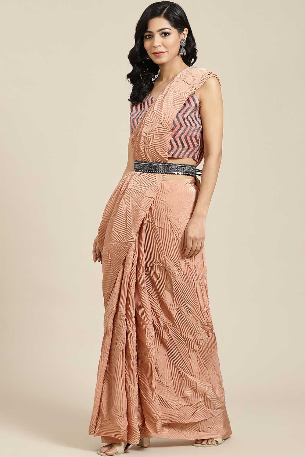 Buy Pure Crepe Solid Saree in Peach Online