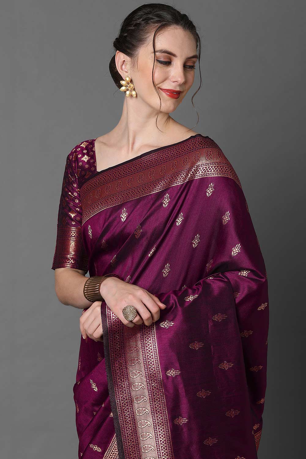 Zina Burgundy Silk Woven Ready to Wear One Minute Saree