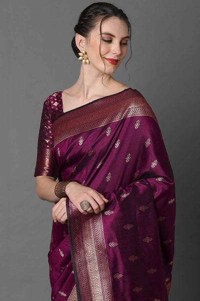 Zina Burgundy Silk Blend Ethnic Motif Woven Design Banarasi One Minute Saree