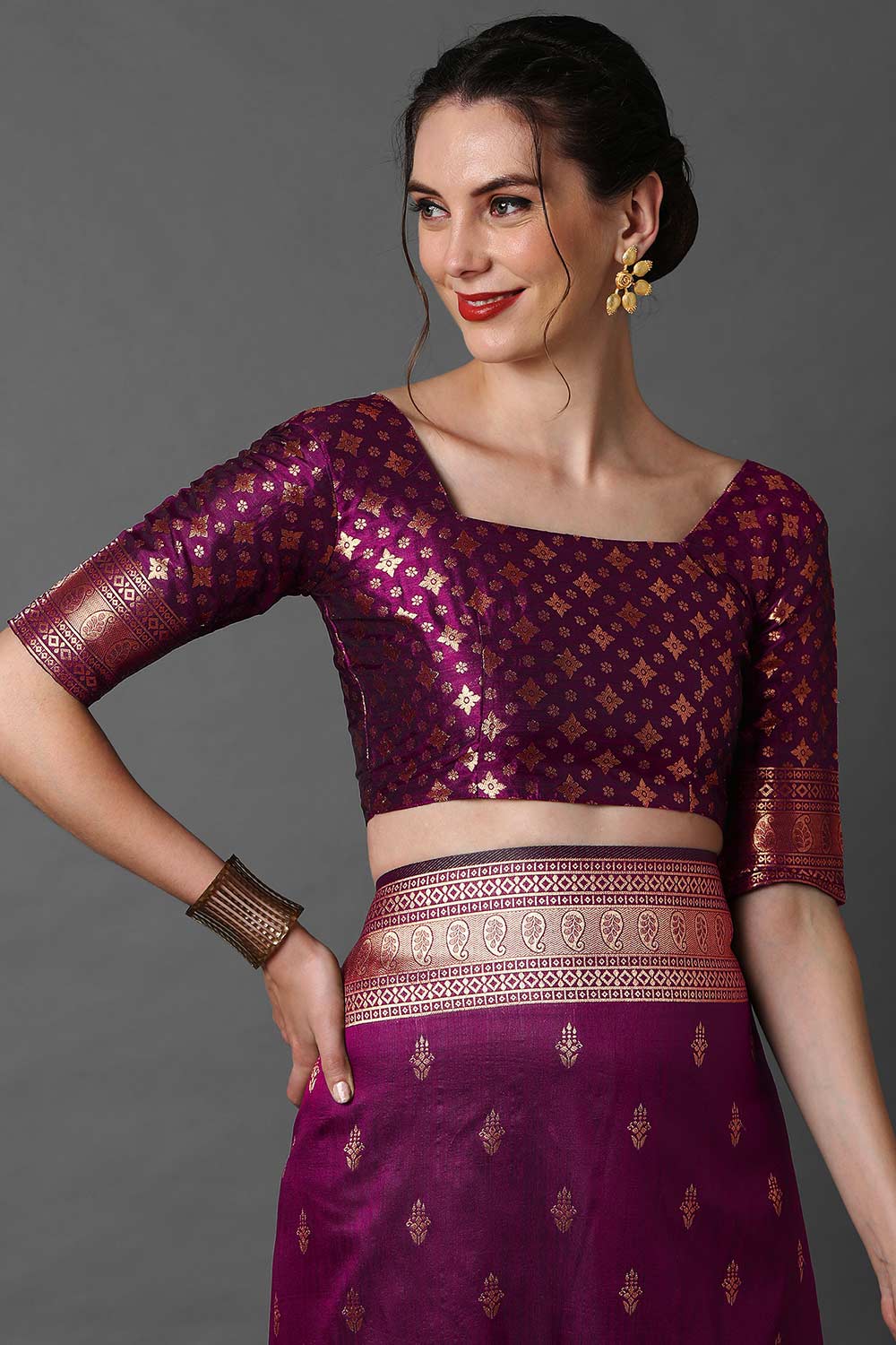 Zina Burgundy Silk Woven Ready to Wear One Minute Saree