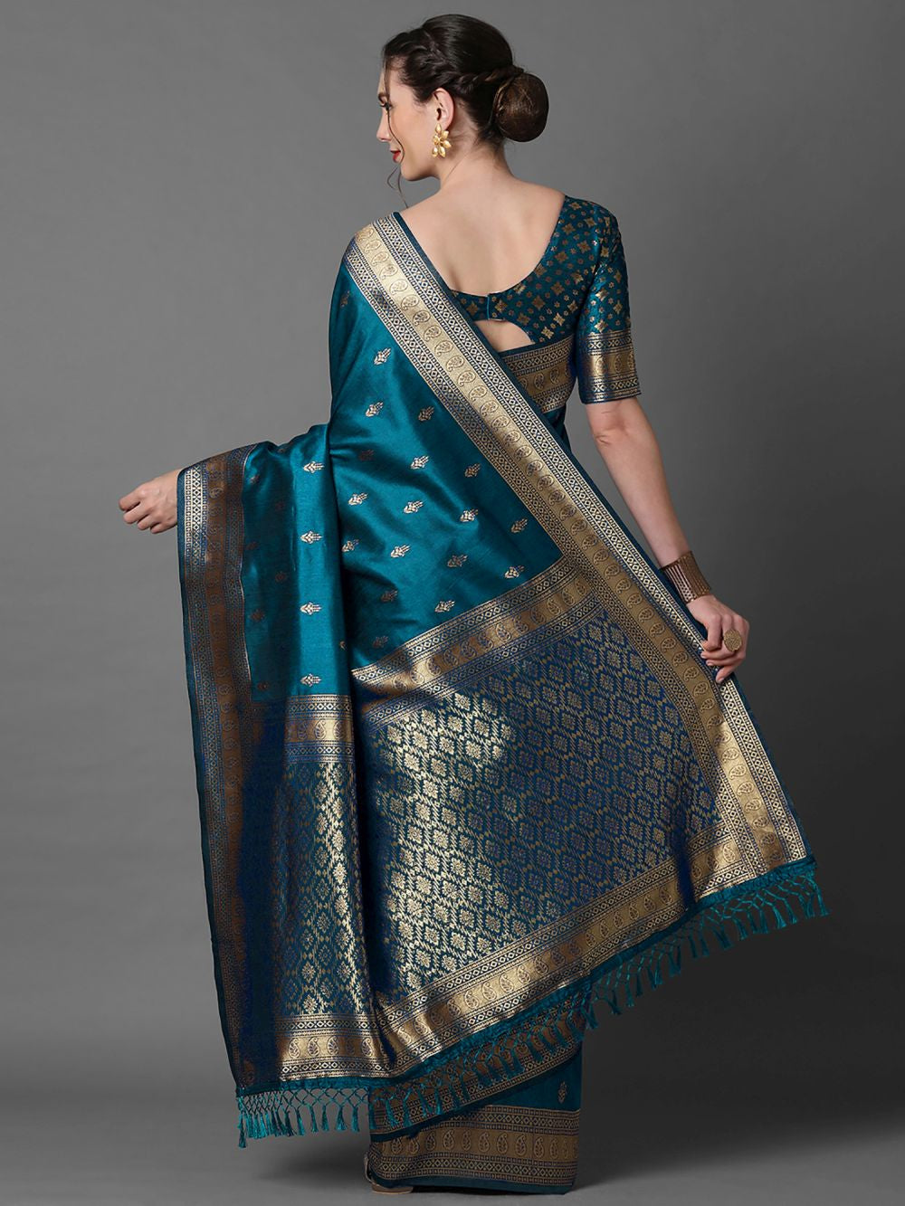 Minal Teal Blue Silk Blend Banarasi One Minute Saree