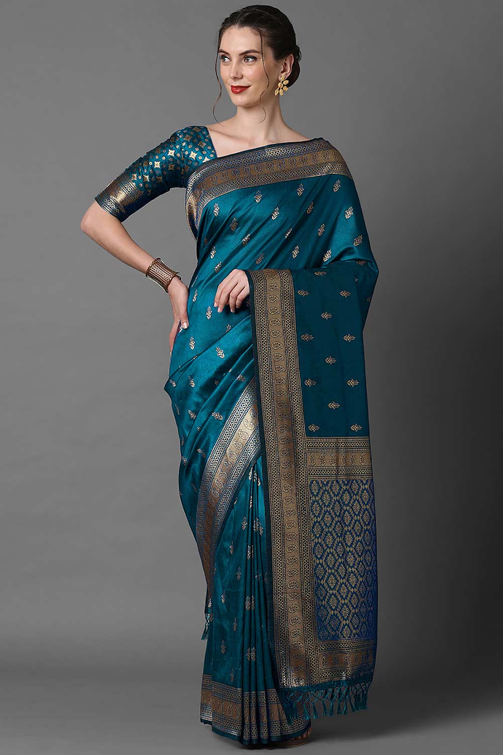 Minal Teal Blue Silk Blend Banarasi One Minute Saree