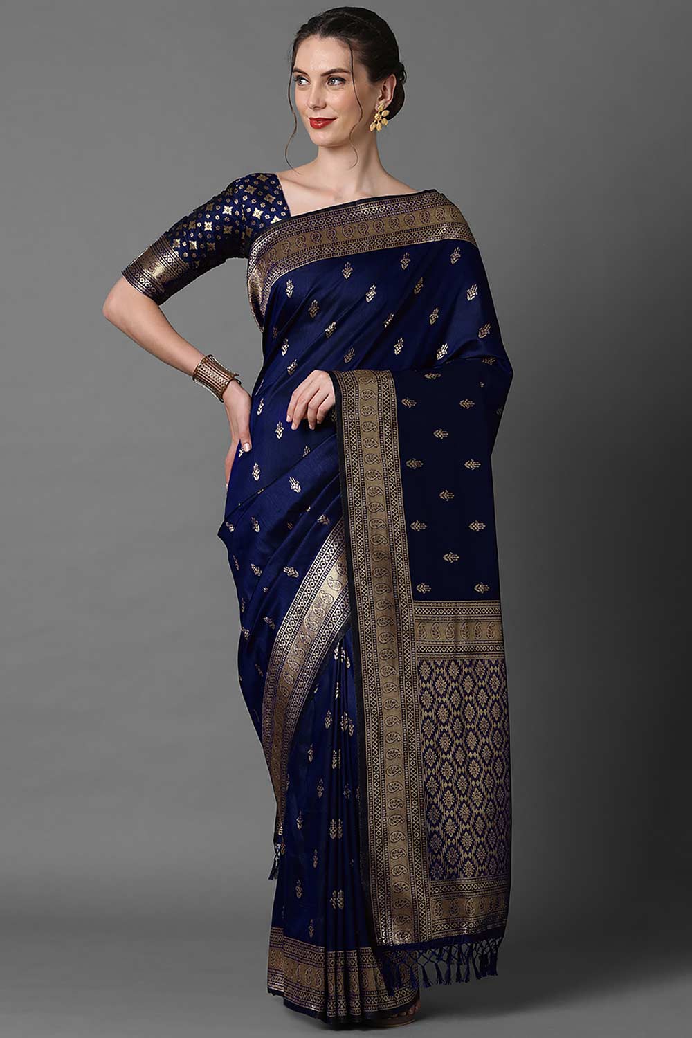 Ana Navy Blue Silk Blend Banarasi One Minute Saree