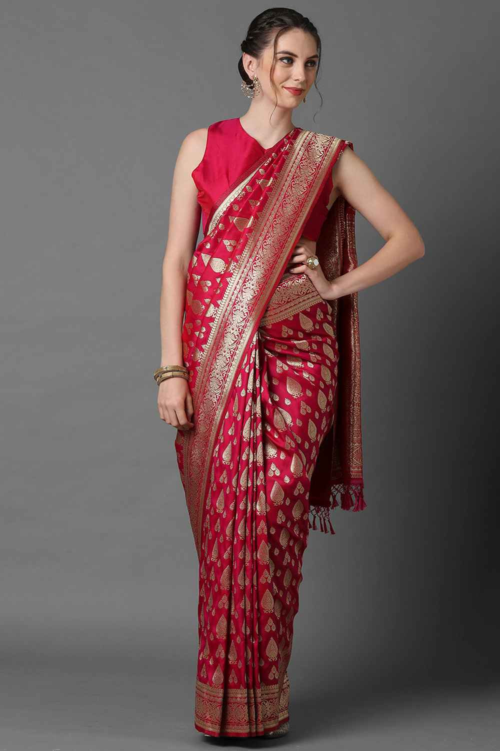 Buy Pink Woven Art Silk One Minute Saree