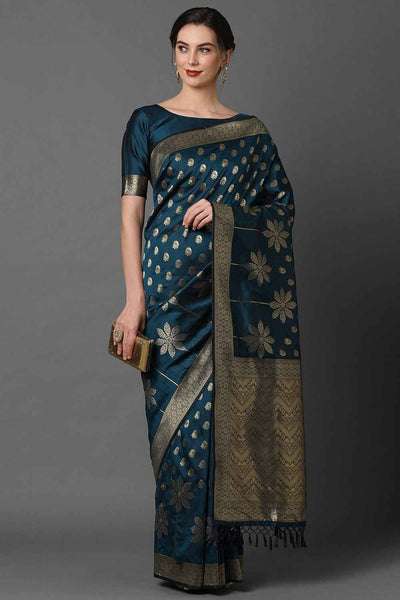 Buy Teal Blue Woven Art Silk One Minute Saree