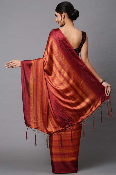 Buy Poly Georgette Striped Saree in Rust Online - Back