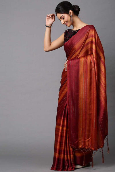 Buy Poly Georgette Striped Saree in Rust Online - Zoom In