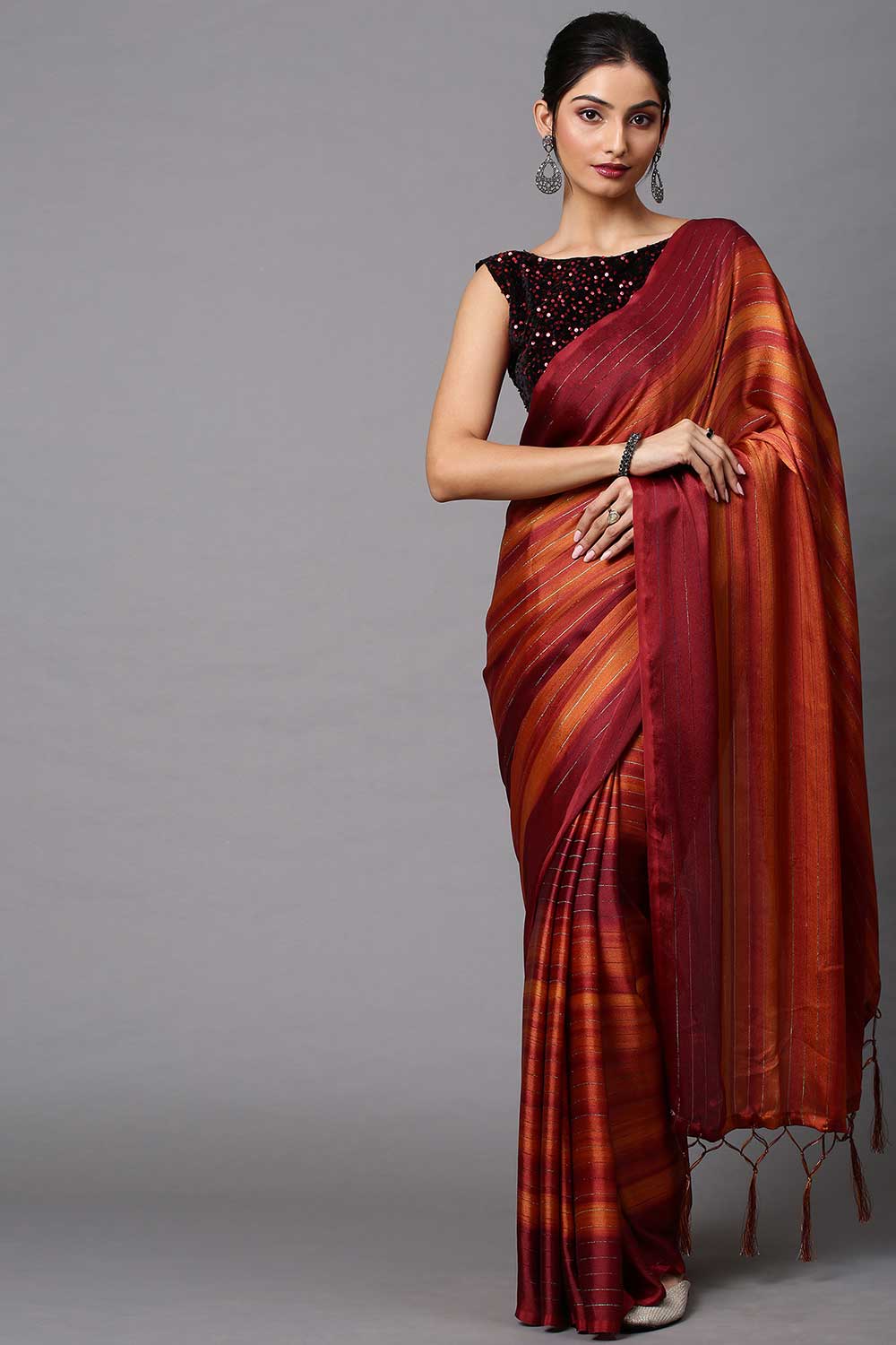 Buy Poly Georgette Striped Saree in Rust Online