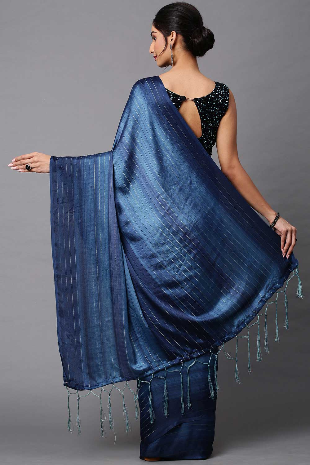 Buy Poly Georgette Striped Saree in Navy Blue Online - Back