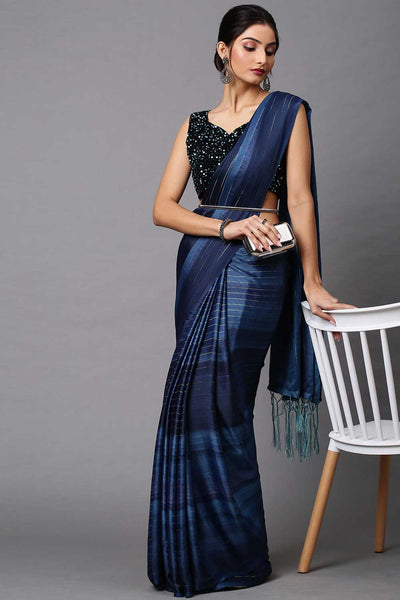 Buy Poly Georgette Striped Saree in Navy Blue Online - Zoom In