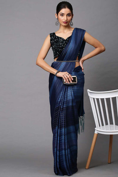 Buy Poly Georgette Striped Saree in Navy Blue Online