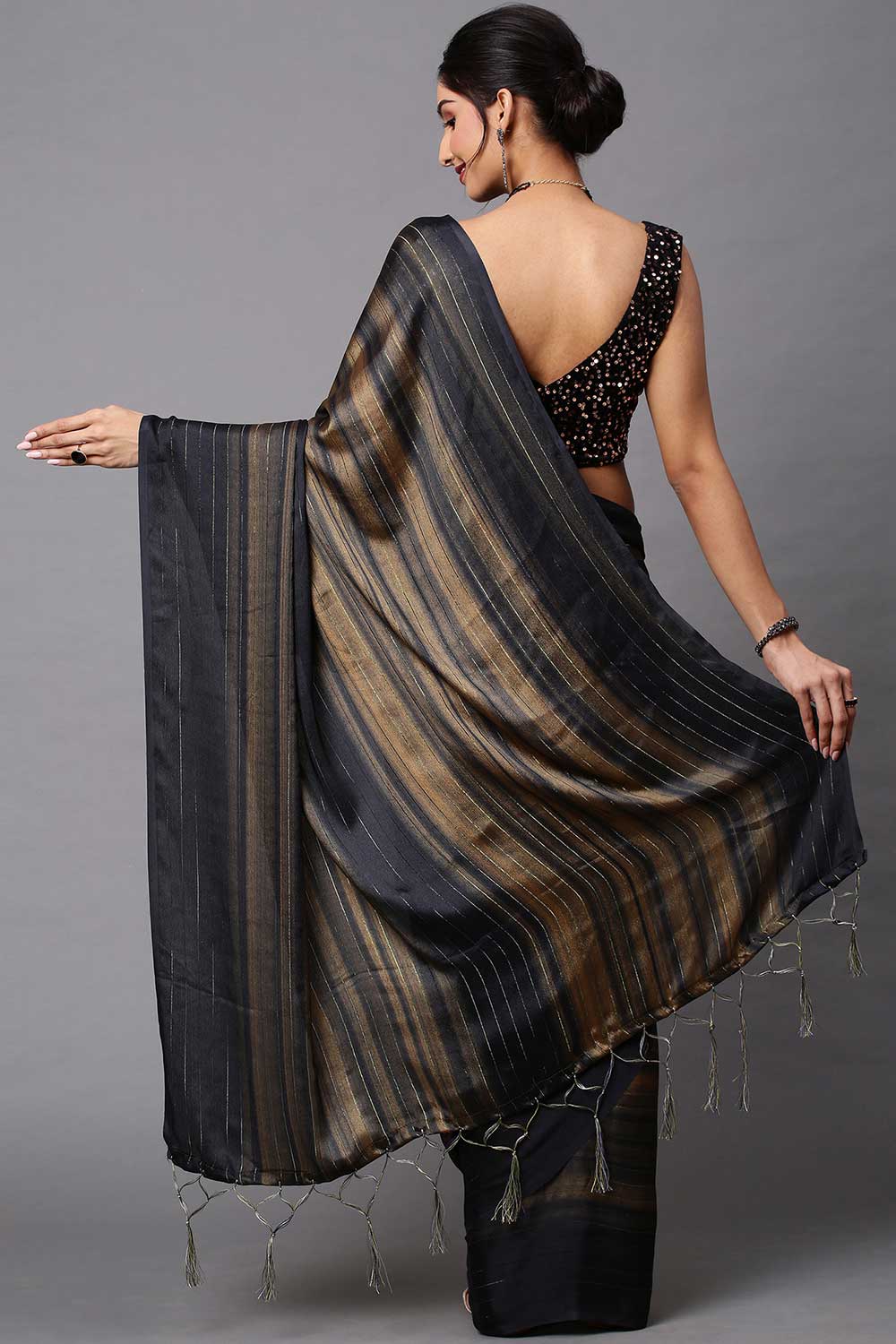 Buy Poly Georgette Striped Saree in Black Online - Back