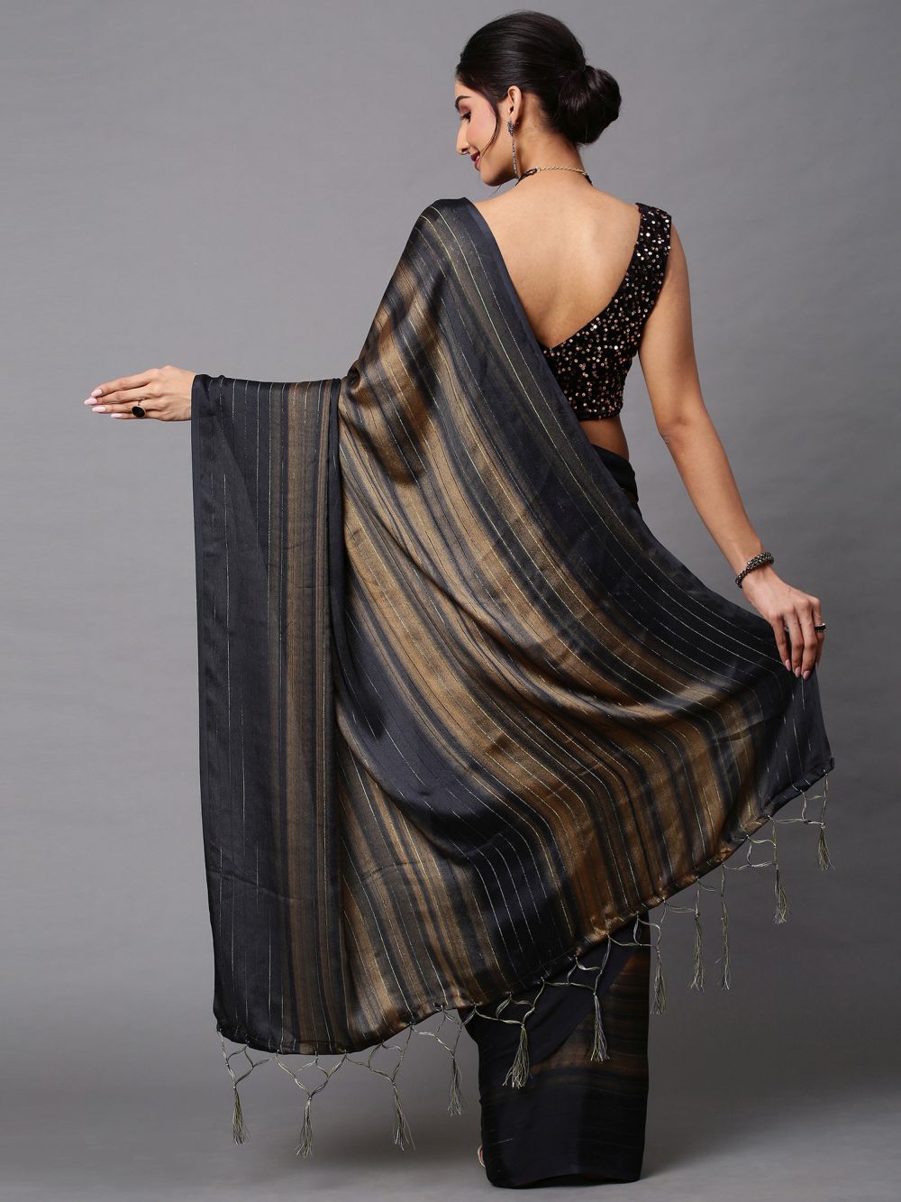 Fedora Black Poly Georgette Striped One Minute Saree