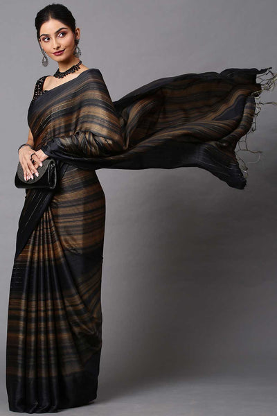 Buy Poly Georgette Striped Saree in Black Online - Zoom In