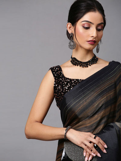 Fedora Black Poly Georgette Striped One Minute Saree