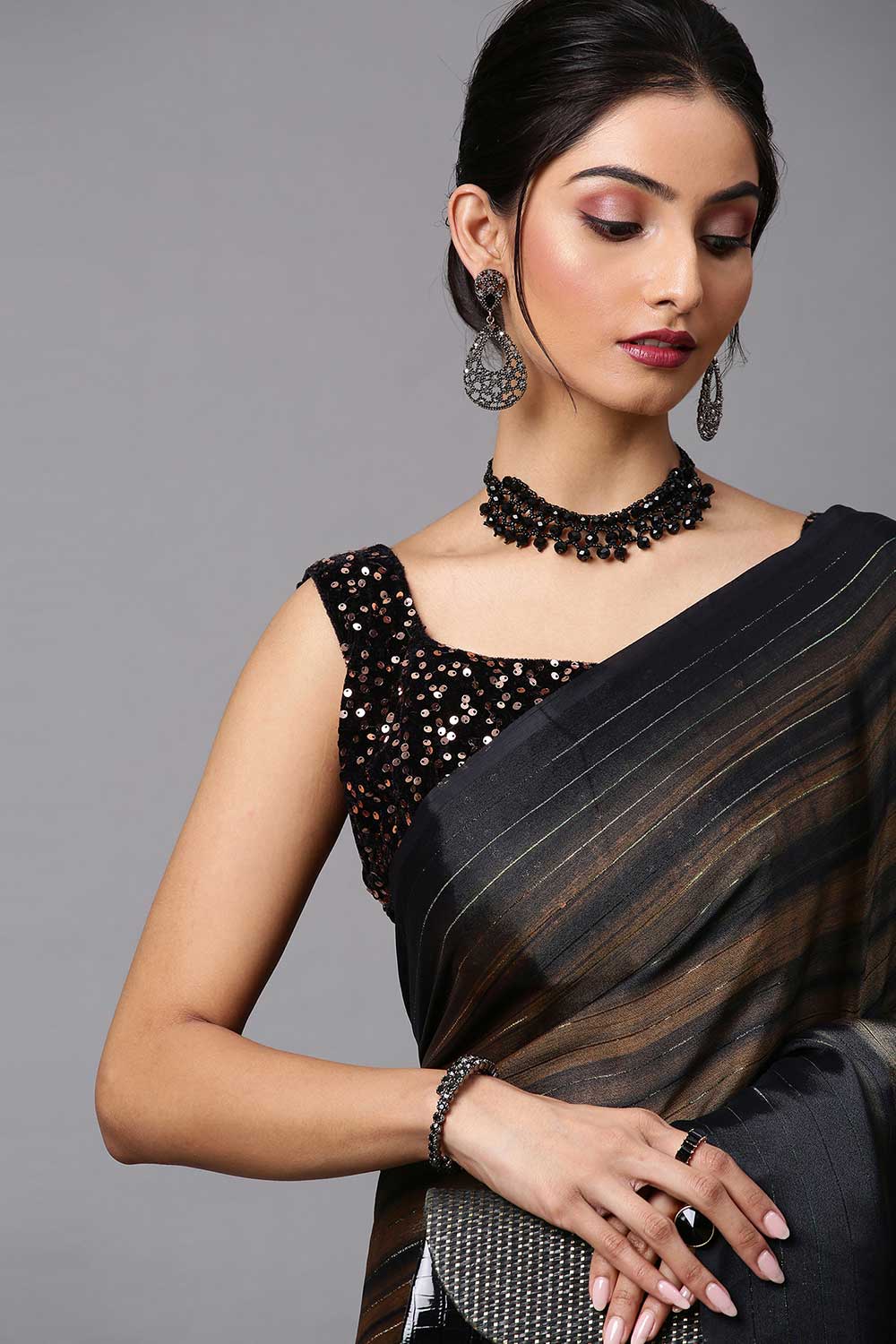 Buy Poly Georgette Striped Saree in Black Online 