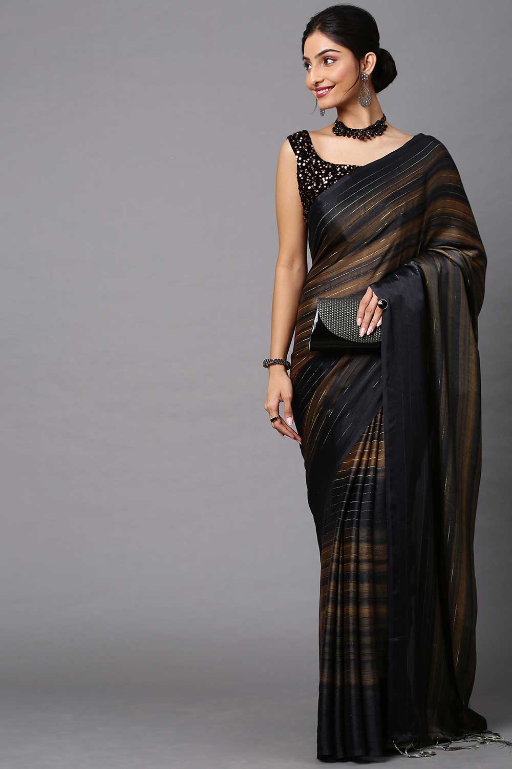 Buy Poly Georgette Striped Saree in Black Online