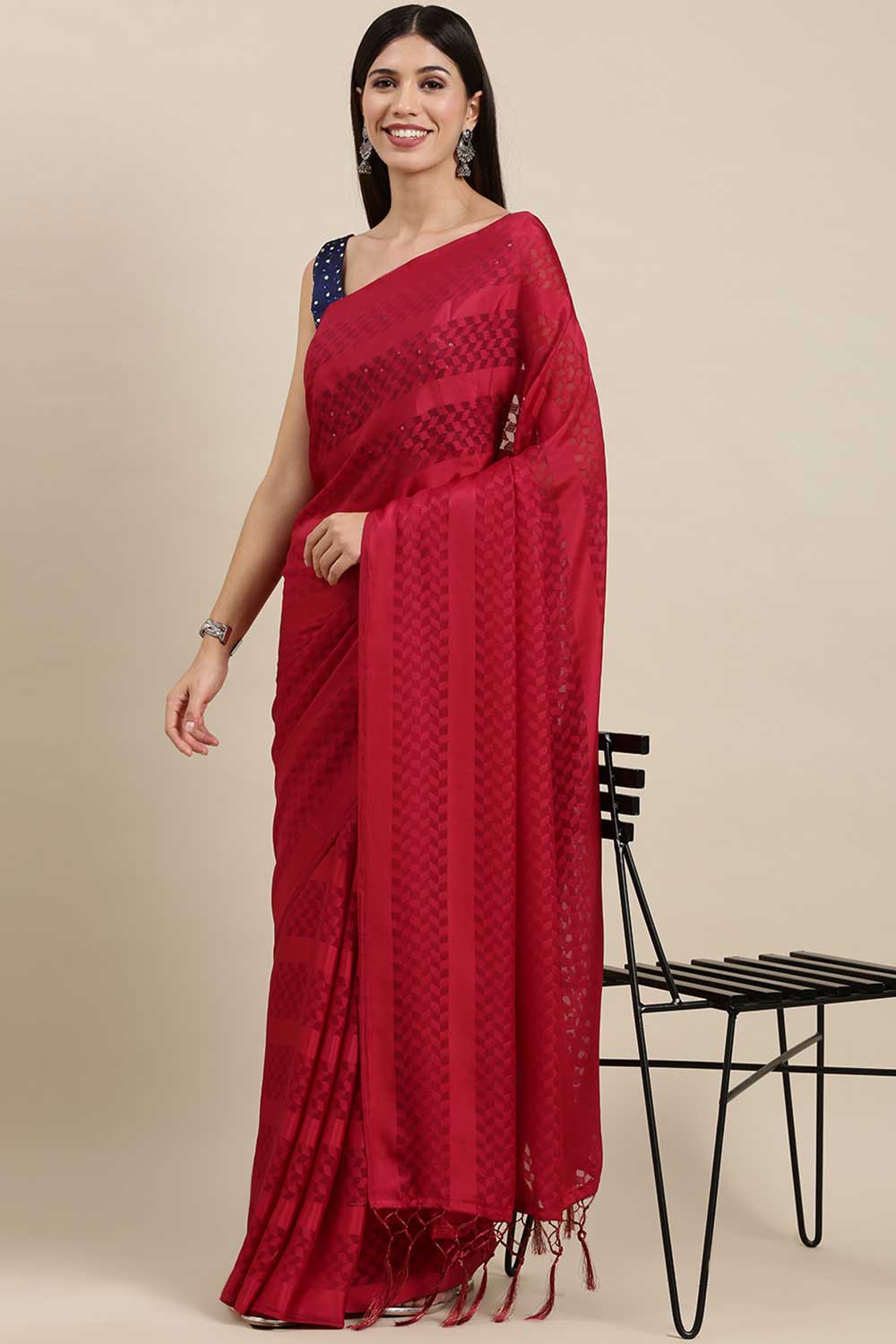 Buy Satin Solid Saree in Red Online - Zoom In
