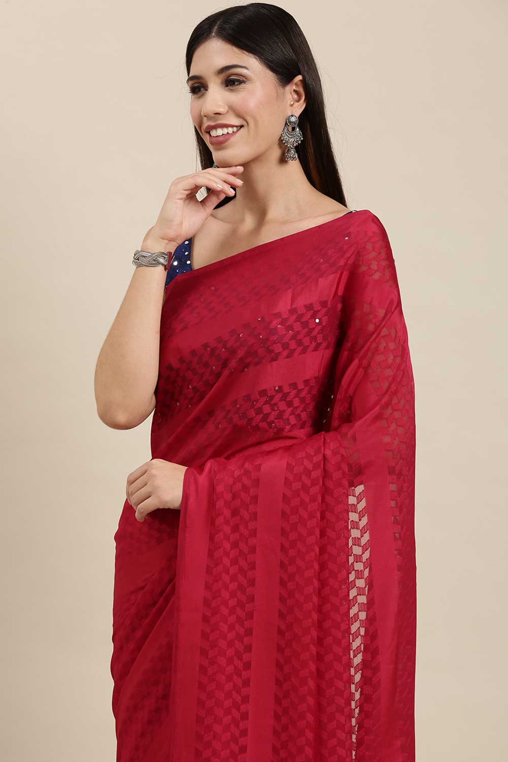 Buy Satin Solid Saree in Red Paatern Design