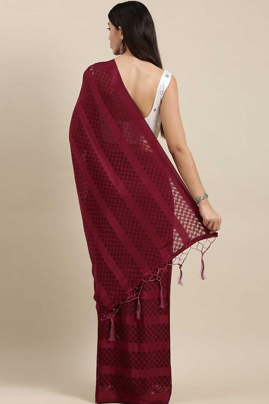 Buy Satin Solid Saree in Magenta Online - Back