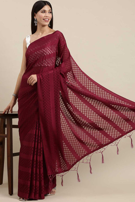 Buy Satin Solid Saree in Magenta Online - Zoom In
