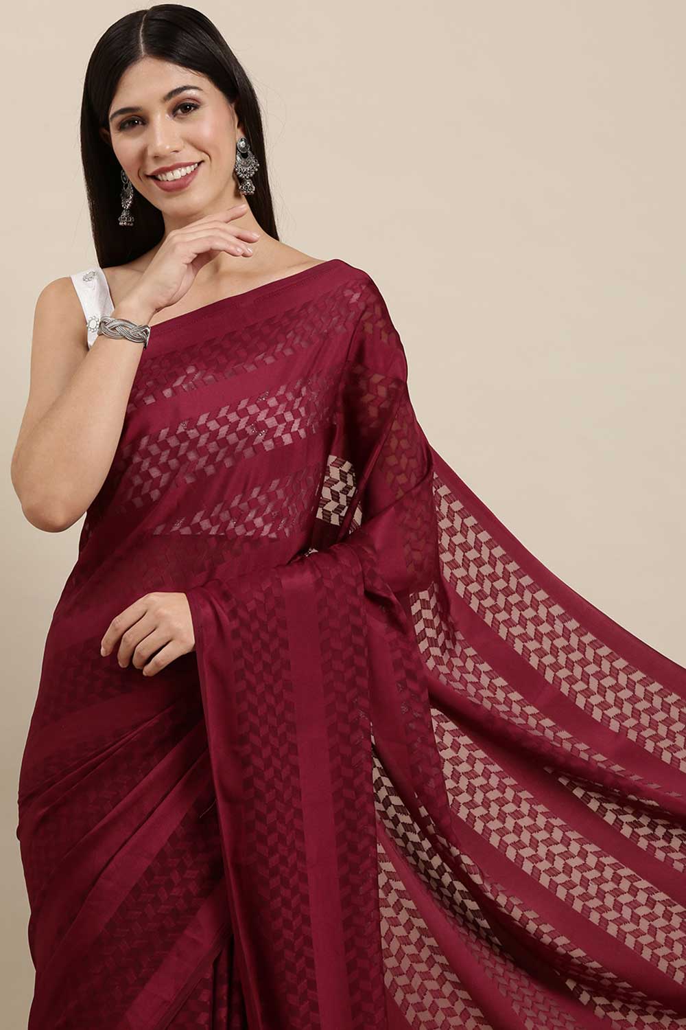 Buy Satin Solid Saree in Magenta Paatern Design