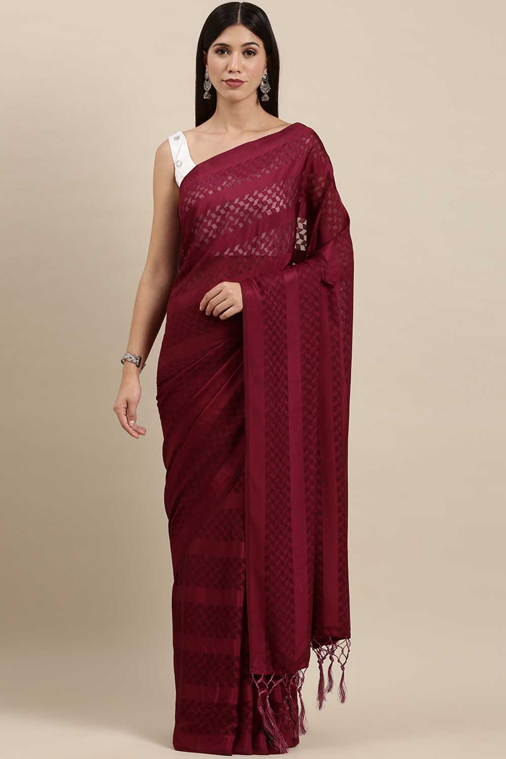 Buy Satin Solid Saree in Magenta Online